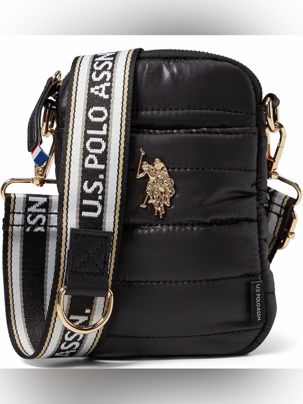 U.S. Polo Assn. Black Quilted Crossbody with Gold Logo and Branded Strap